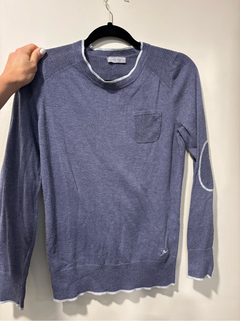 RJ Classics Women's Long Sleeve Crewneck Top in Dusty Blue with White Trim